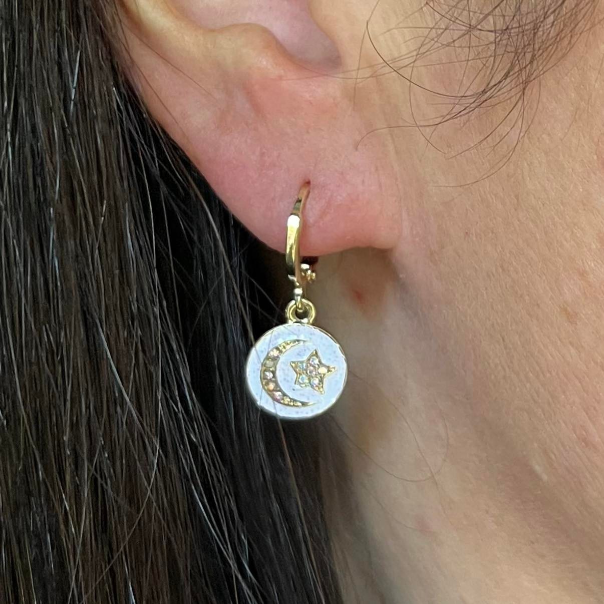 Star & Moon Huggie Hoop Earrings - White